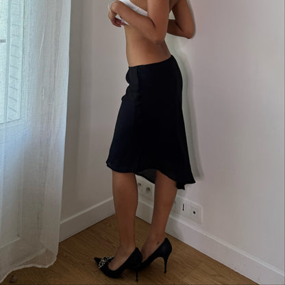 Vintage Black Asymmetrical Mesh Midi Skirt Sheer Hem Y2K (S)