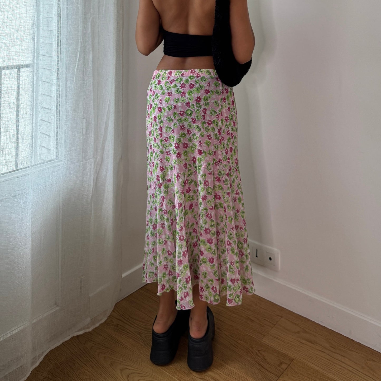 Vintage Pink Green Floral Mesh Maxi Skirt Italian Y2K Bias Cut Skirt (S) ⠀