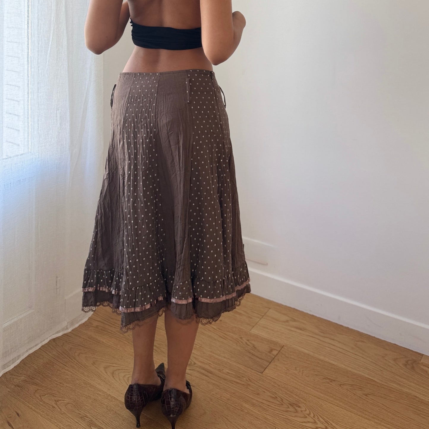 Vintage French Taupe Midi Skirt Polka Dot Panel Lace Trim (S)