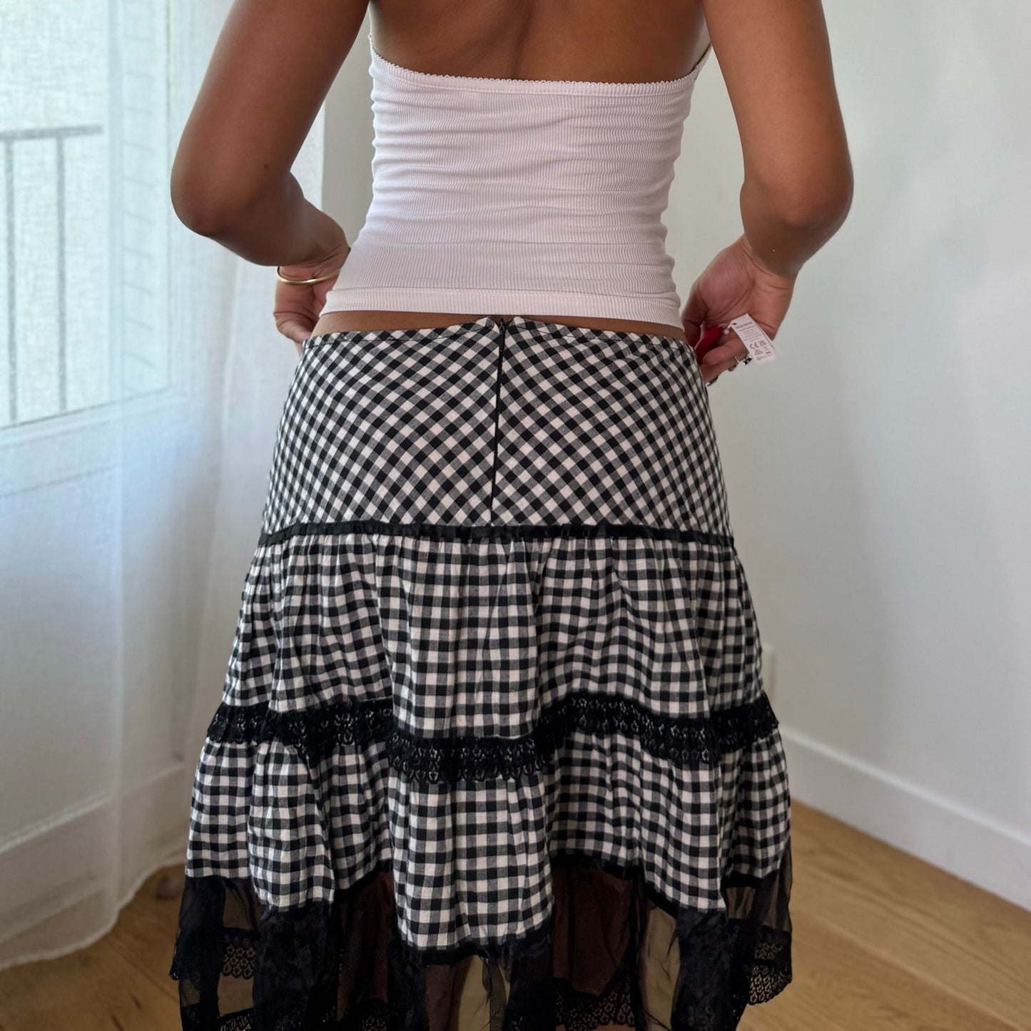 Vintage Black White Gingham Lace Tiered Midi Skirt Italian Y2K (S/M)