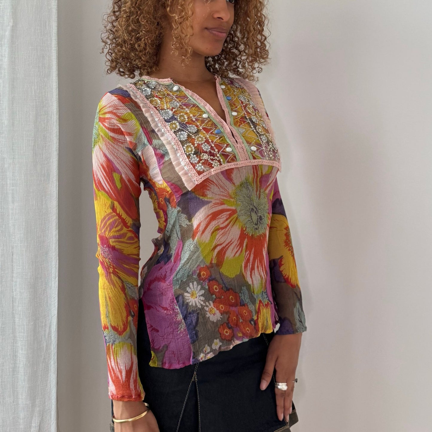 Vintage Antik Batik Silk Floral Mesh Embellished Top Beaded Boho Y2K (S/M)