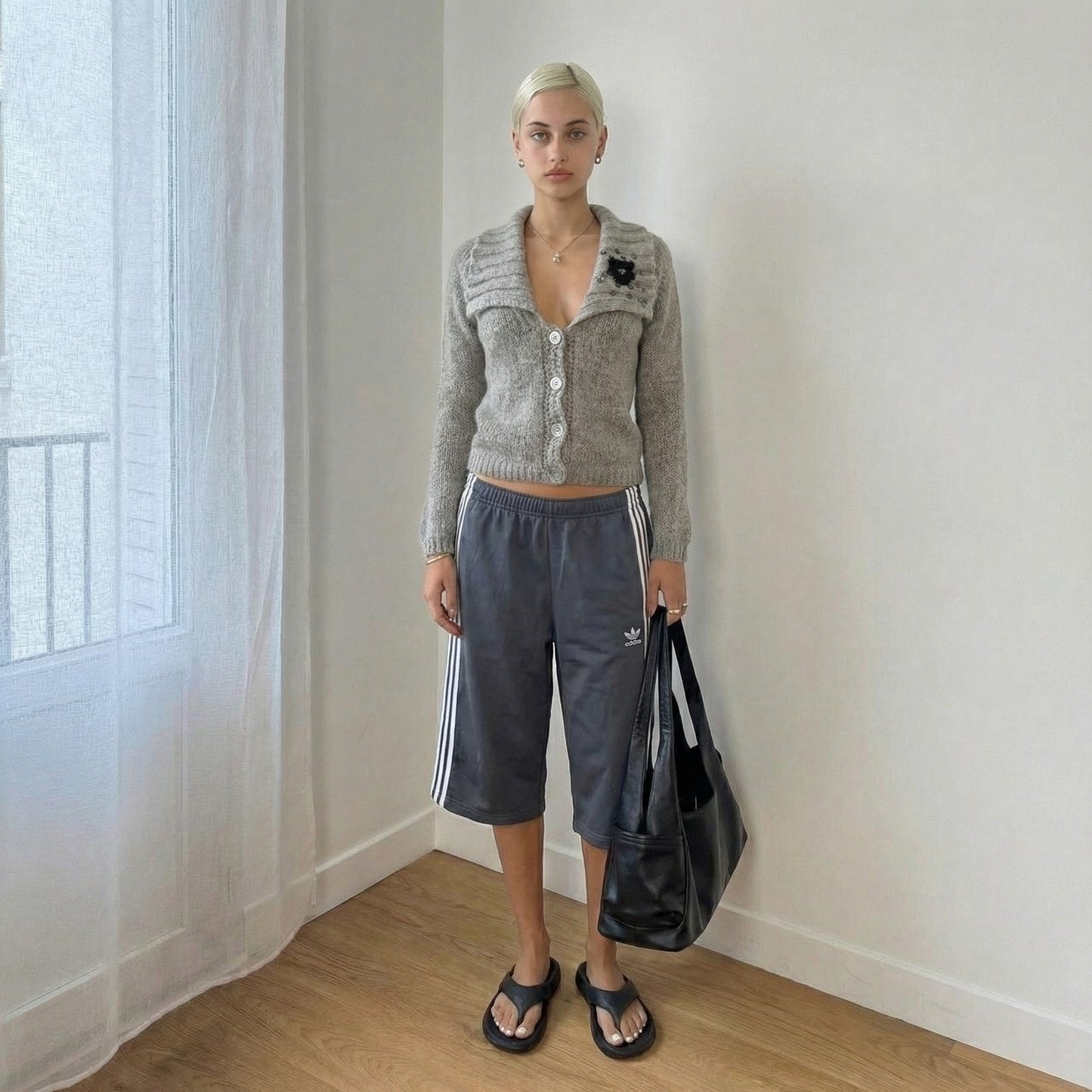 Italian Vintage Taupe Mohair Wool Cardigan Embellished Floral (S)