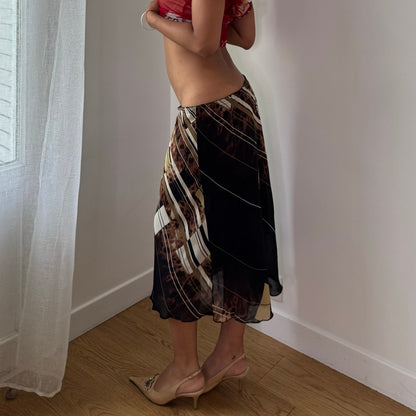 Vintage Black Brown Abstract Mesh Midi Skirt Italian Y2K (M/L)