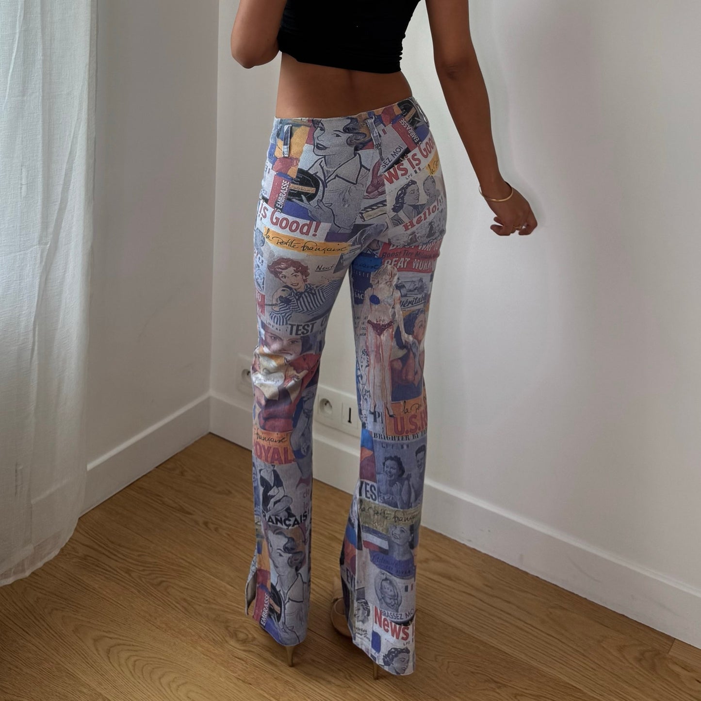 Vintage Blue Red Graphic Print Pants French Y2K Newspaper Collage (XS/S)