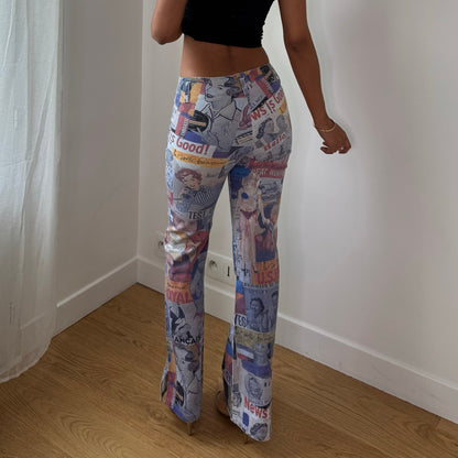 Vintage Blue Red Graphic Print Pants French Y2K Newspaper Collage (XS/S)