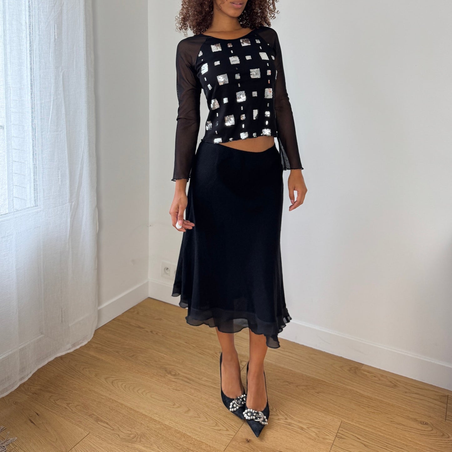 Vintage Y2K Sheer Mesh Sequin Top (S/M)