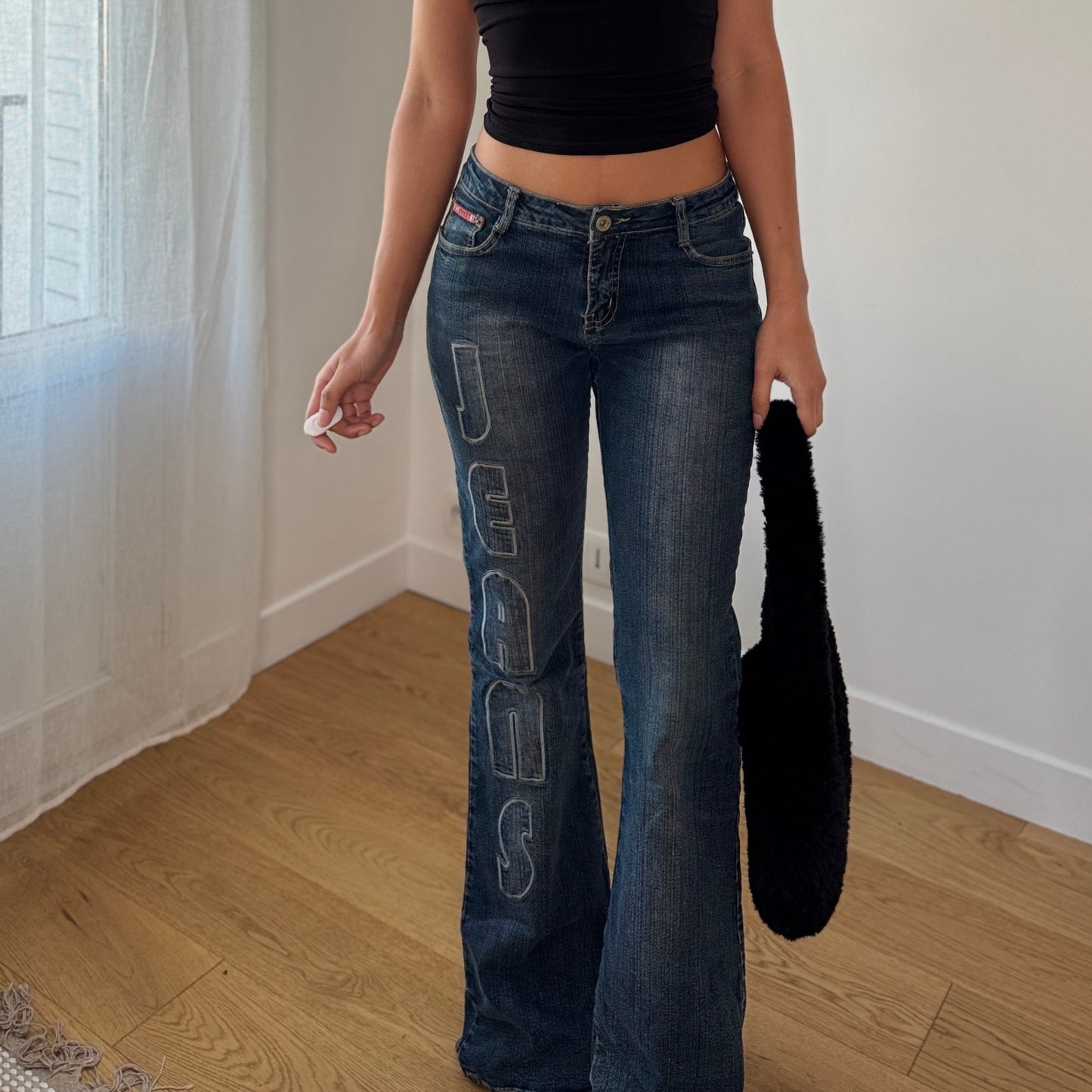 Vintage Dark Wash Denim Bootcut Jeans Logo Embroidery Low Rise Italy Y2K (S)