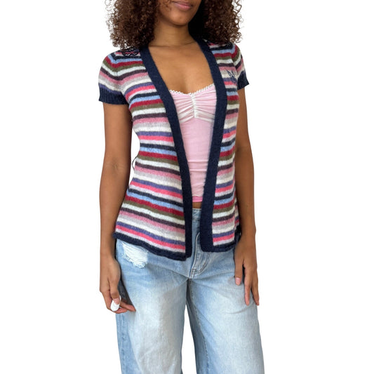 Vintage Pepe Jeans striped mohair-blend short-sleeve cardigan with floral detailing (Small)