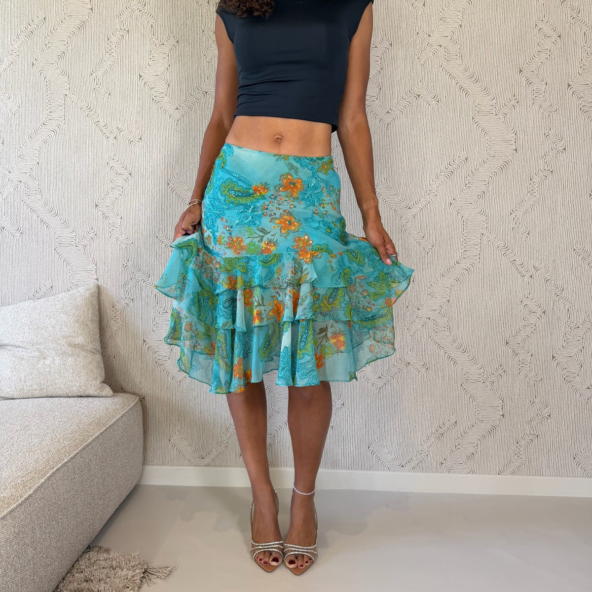 Euro Vintage Turquoise Orange Floral Paisley Sequin Mesh Tiered Ruffle Midi Skirt
