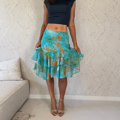 Euro Vintage Turquoise Orange Floral Paisley Sequin Mesh Tiered Ruffle Midi Skirt