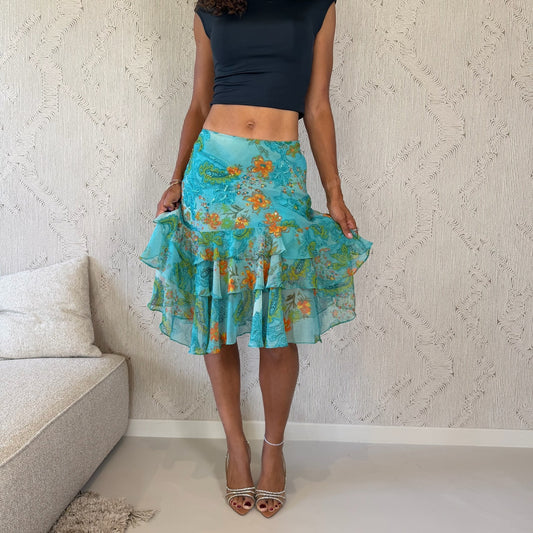 Euro Vintage Turquoise Orange Floral Paisley Sequin Mesh Tiered Ruffle Midi Skirt