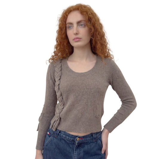Vintage Italian Taupe Wool Blend Knit Sweater Braided Detail Fitted (S)