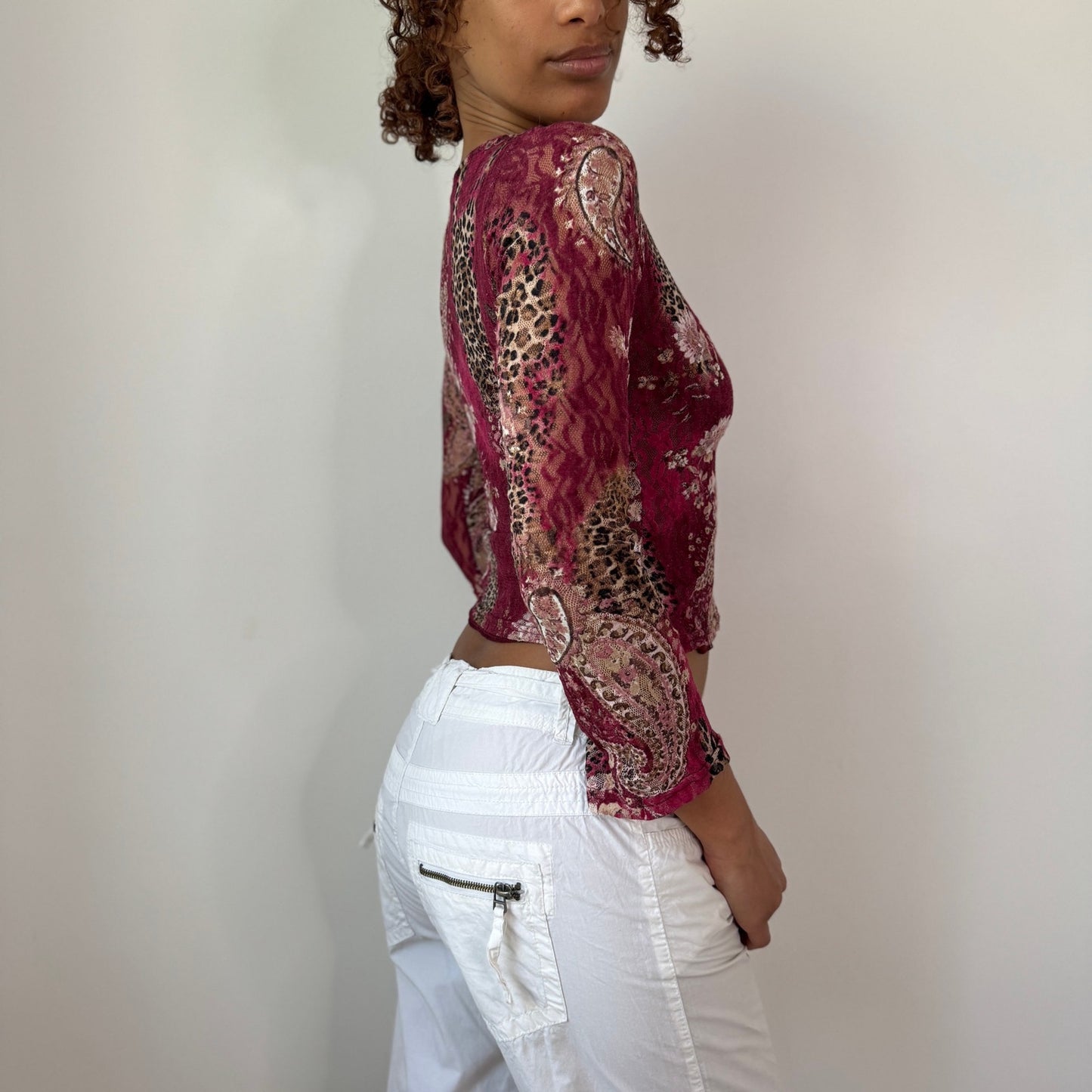 Vintage Burgundy Floral Cheetah Lace Top Ruffle Trim Long Sleeve Y2K French (S)