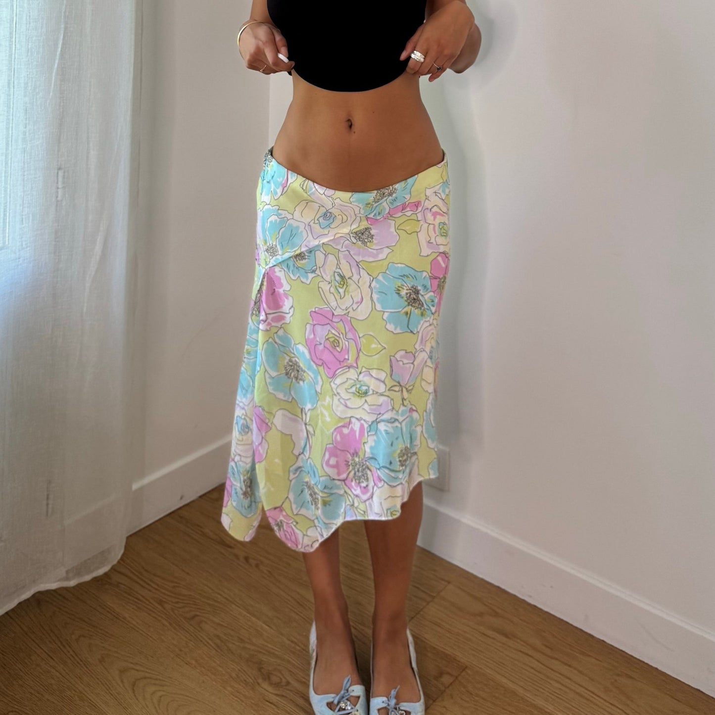 Vintage Pastel Floral Mesh Midi Skirt Italian Y2K (S/M)