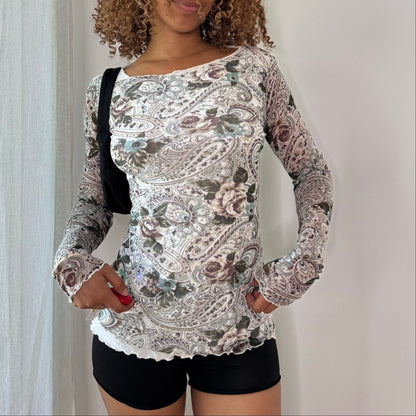 Vintage Paisley Floral Mesh Top White Brown Sage Y2K (S)