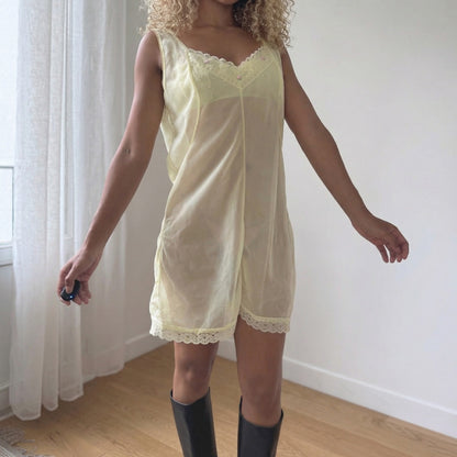 Vintage 80s Sheer Ivory Slip Dress Lace Trim Nightgown Mini (S/M)