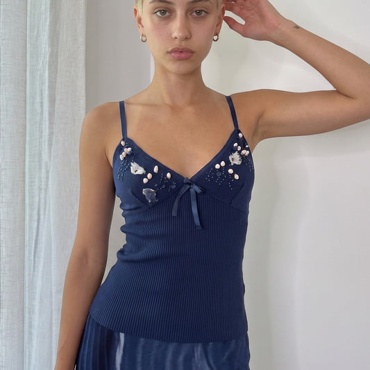 Vintage Navy Embellished Knit Cami Top Floral Appliqué Ribbon Y2K (S)