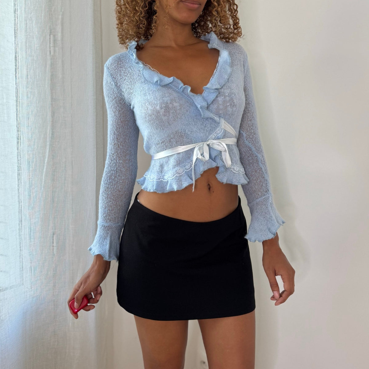 French Vintage Baby Blue Sheer Wool Knit Wrap Cardigan with Ruffle Lace Trim & Satin Tie