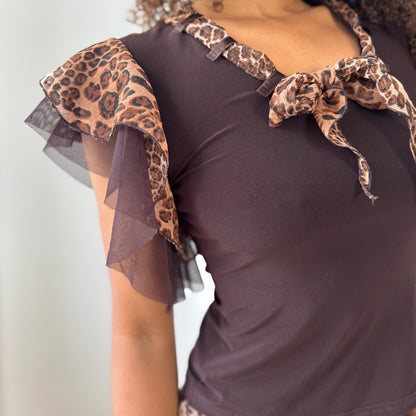 Vintage Leopard Mesh Two-Piece Set – Ruffle Skirt & Flutter-Sleeve Top (S/M)