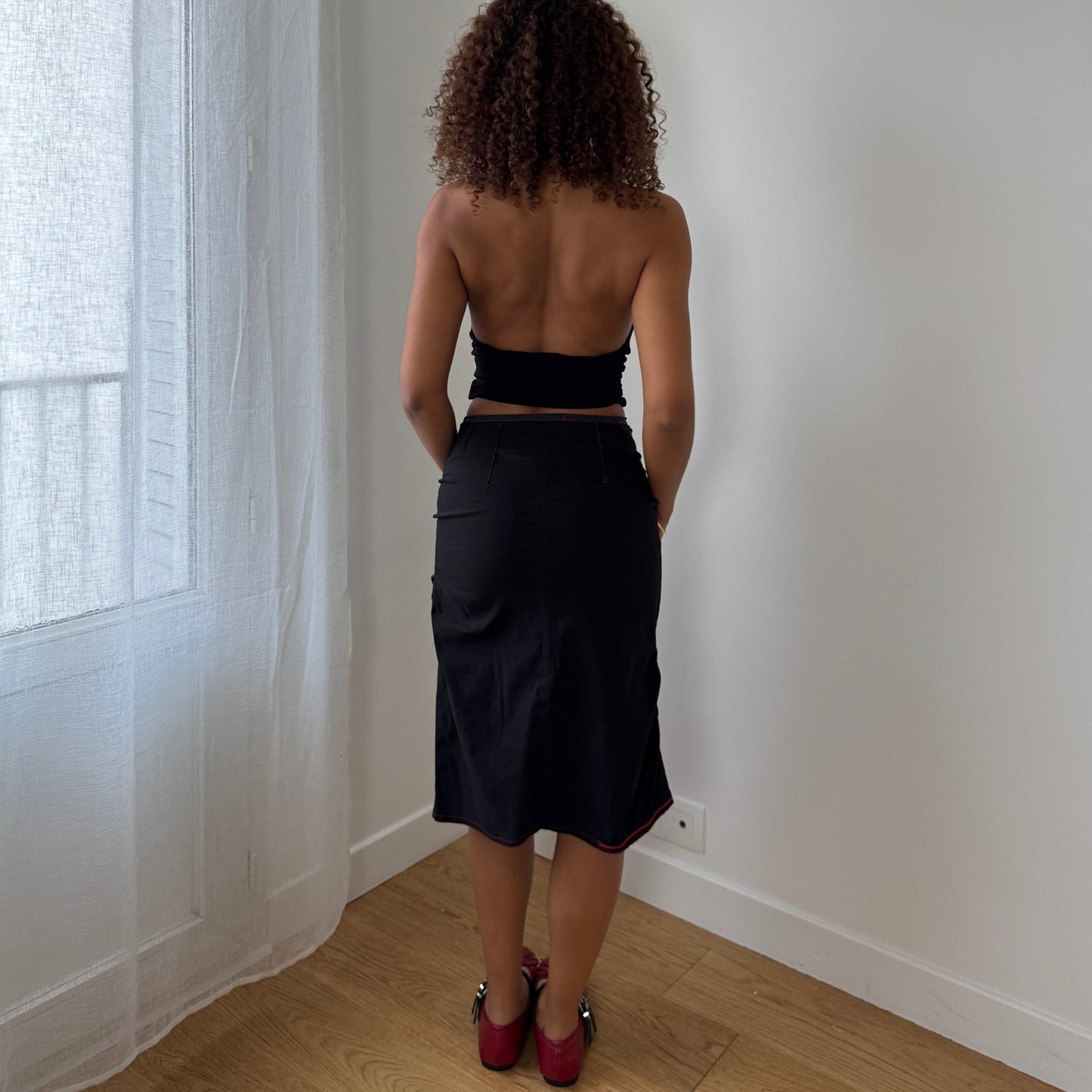 Vintage French black asymmetric wrap-style midi skirt with contrast stitching (XS/S)