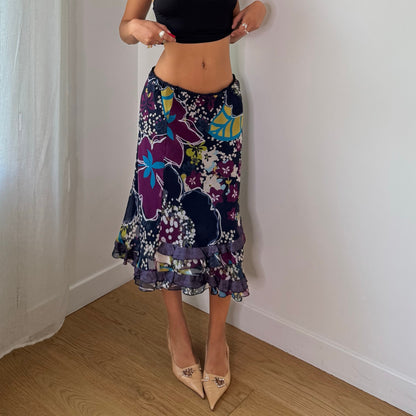 Vintage Navy Purple Blue Floral Ruffle Midi Skirt Italian Y2K (S/M)