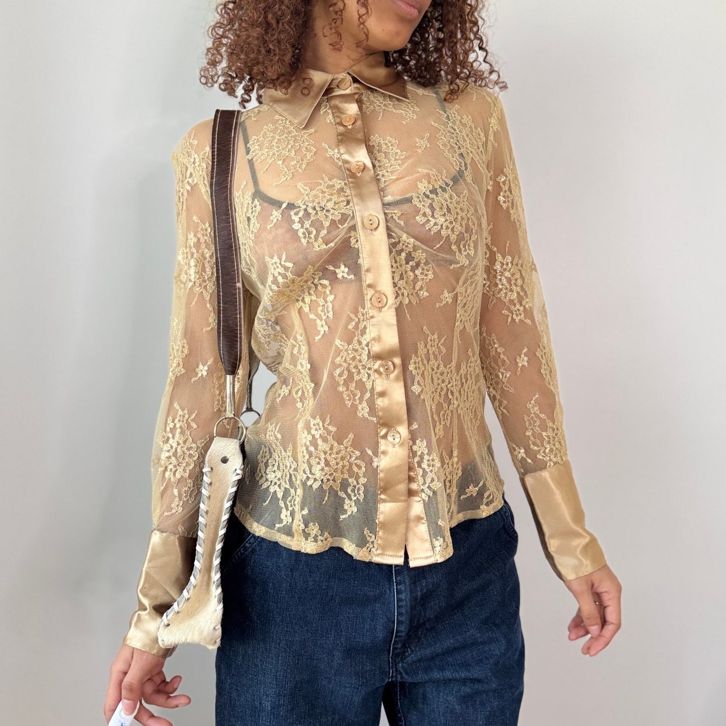 Vintage Euro Beige Floral Lace Mesh Button Up Blouse Y2K (S)