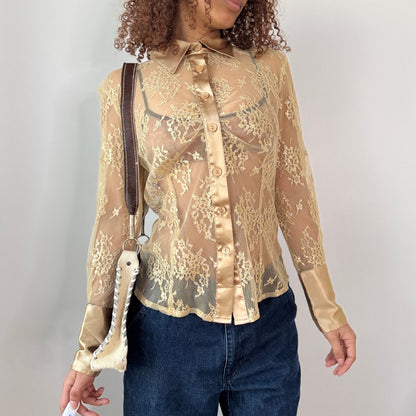 Vintage Euro Beige Floral Lace Mesh Button Up Blouse Y2K (S)