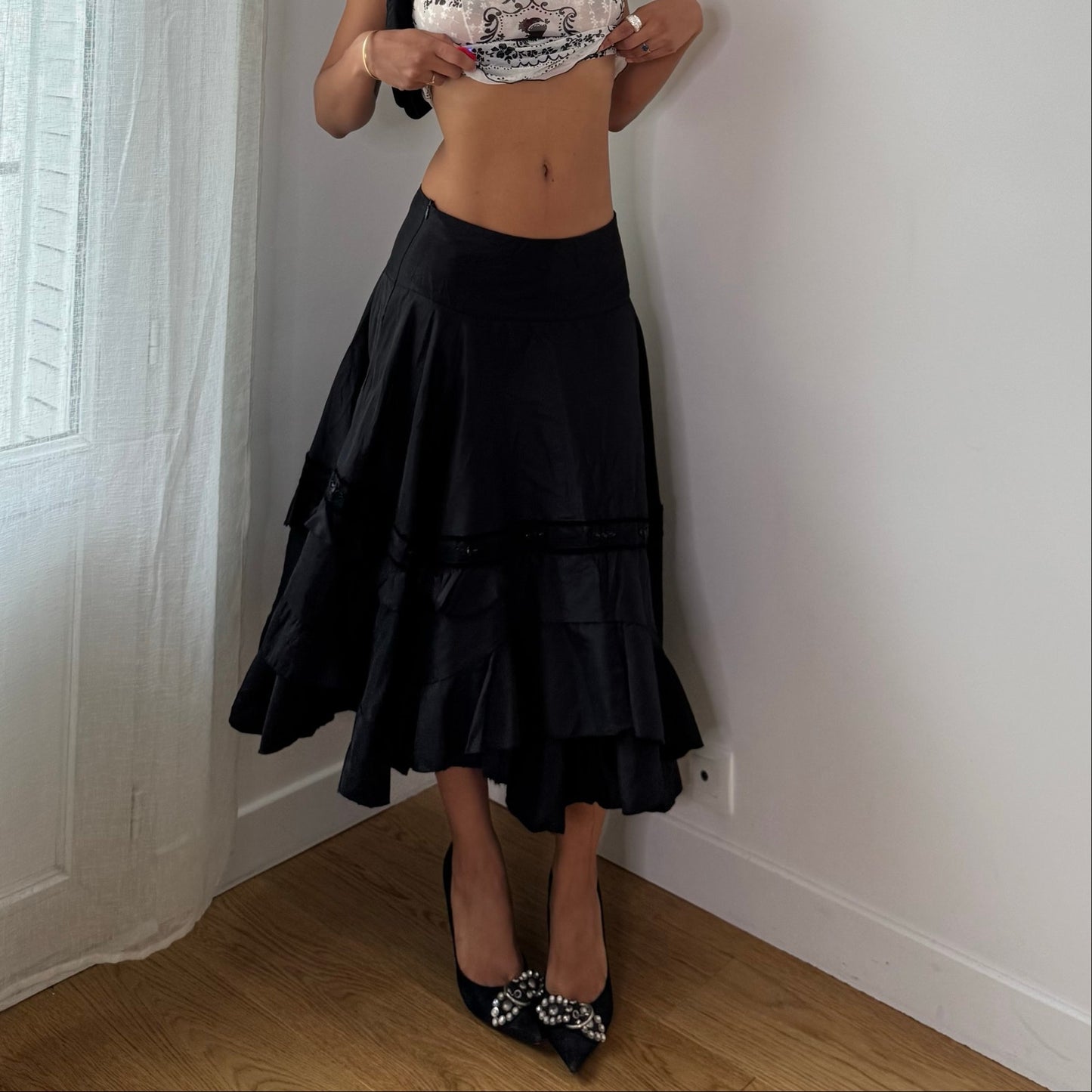 Vintage Black Tiered Midi Skirt Beaded Velvet Trim Italian Y2K (S)