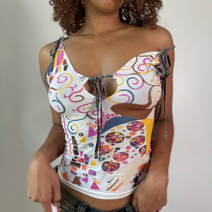 Vintage White Pink Abstract Print Mesh Tie Strap Top Y2K (S)