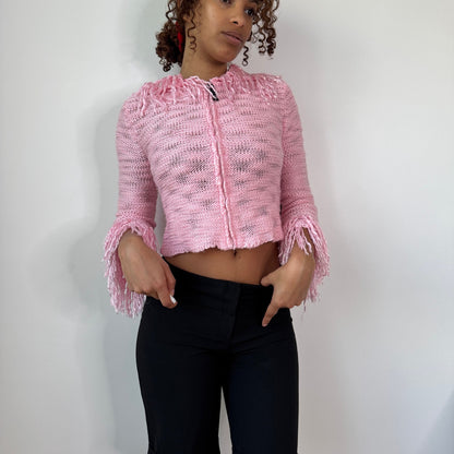 Vintage Pink Fringe Knit Cropped Jacket Zip Up Y2K Euro (XS/S)