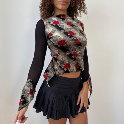 Vintage Italian Y2K Gold & Red Floral Brocade Mesh Long Sleeve Top (Small)