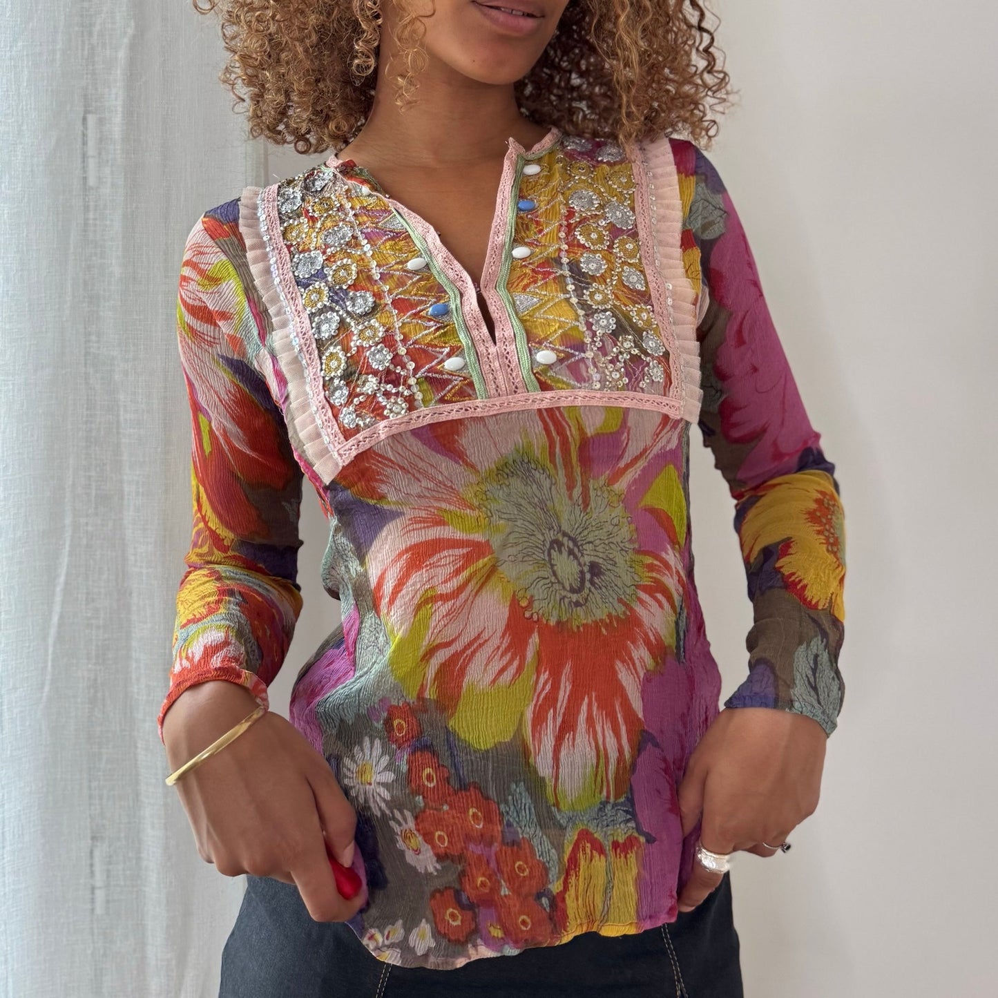 Vintage Antik Batik Silk Floral Mesh Embellished Top Beaded Boho Y2K (S/M)