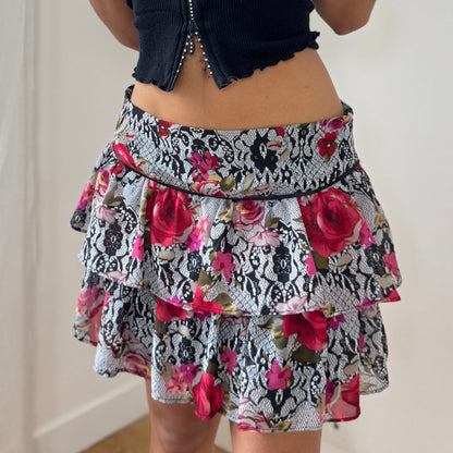 Vintage Floral Mesh Ruffle Mini Skirt Tiered Lace Print Morgan De Toi Y2K (S) ⠀