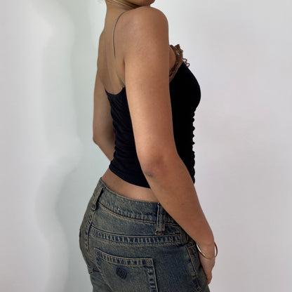Vintage Black Mesh Cami Top Sequin Lace Trim Y2K Party Top (XS/S) ⠀
