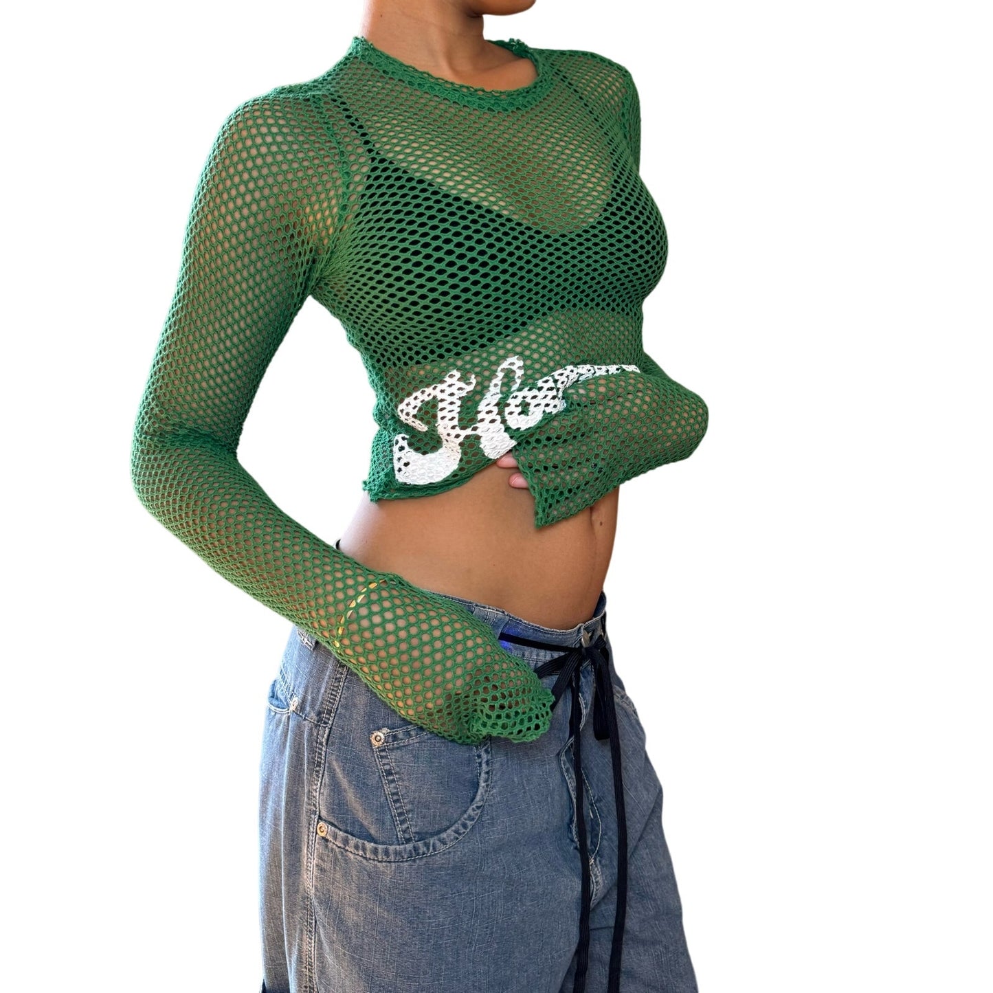 Vintage 00s green euro graphic fishnet long sleeve (XS/S)