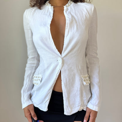 Vintage Euro White Linen Blazer with Pearl and Stud Detail (S)