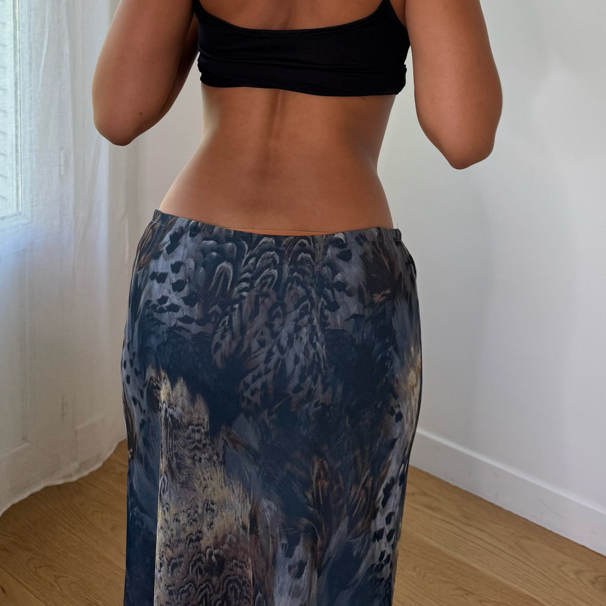 Vintage Blue Grey Abstract Mesh Midi Skirt (S)