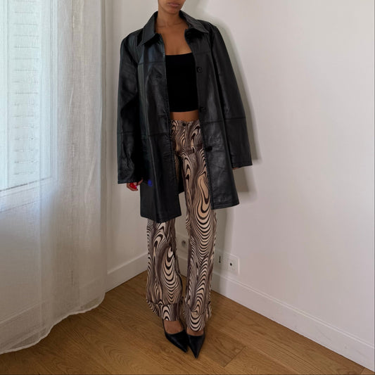 Italian Vintage Black 100% Genuine Leather Longline Oversized Blazer Jacket