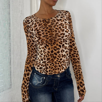 Euro Vintage Brown Tan Black Cheetah Leopard Print Slinky Fitted Long Sleeve Top