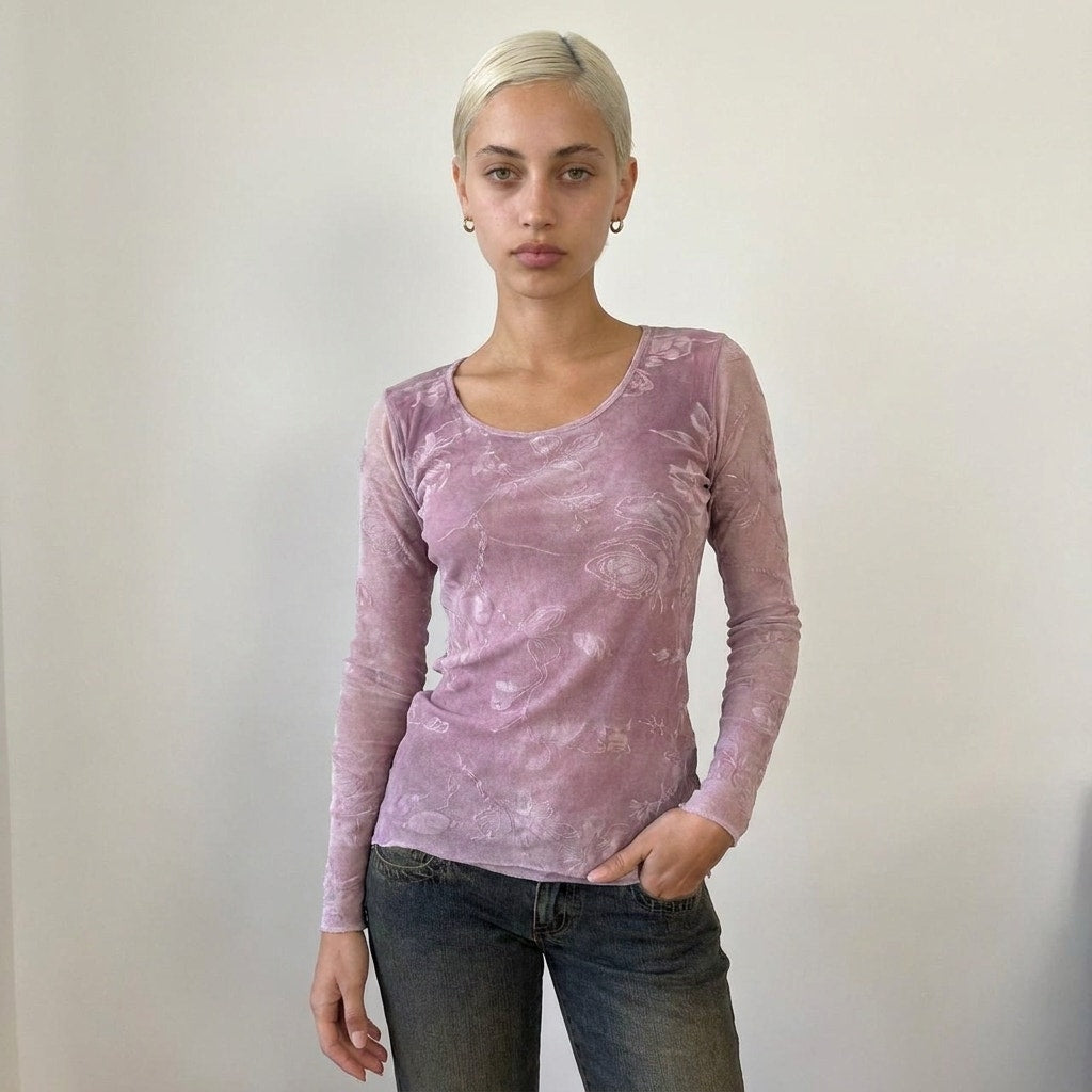 Vintage Italian Dusty Pink Floral Mesh Top Y2K Sheer Long Sleeve (M)