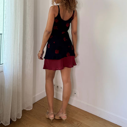 Vintage Black Burgundy Red Floral Layered Mesh Mini Dress Italian Y2K (S)