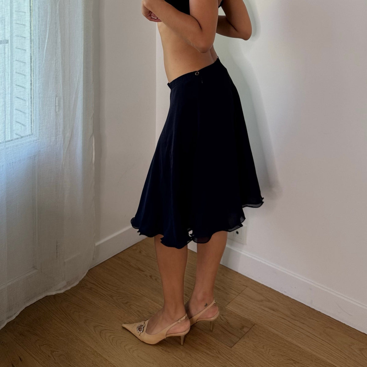 Vintage Italian Black Flowy Mesh Midi Skirt (S)