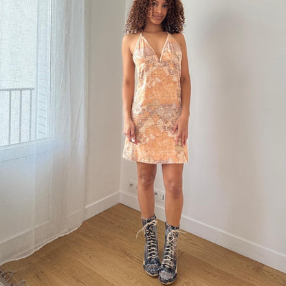 Vintage Denim Embroidered Lace-Up Wedge Boots Frayed Detail (EU 38 / US 8)