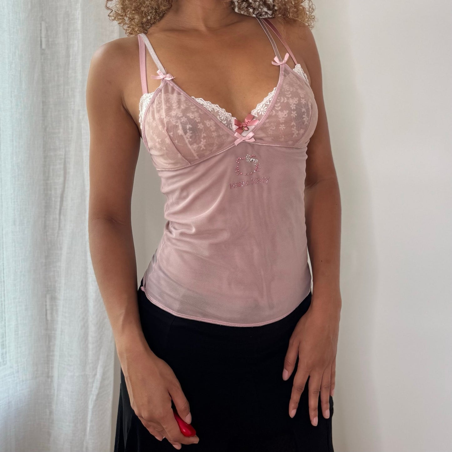 Vintage Hello Kitty Pink Mesh Rhinestone Cami Top Y2K (S)