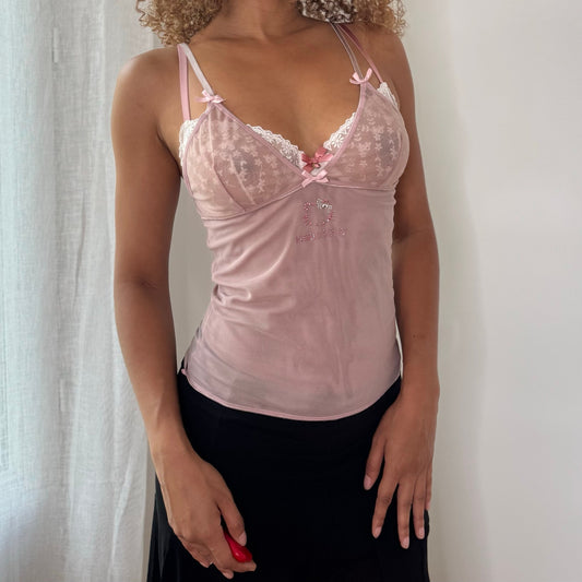 Vintage Hello Kitty Pink Mesh Rhinestone Cami Top Y2K (S)
