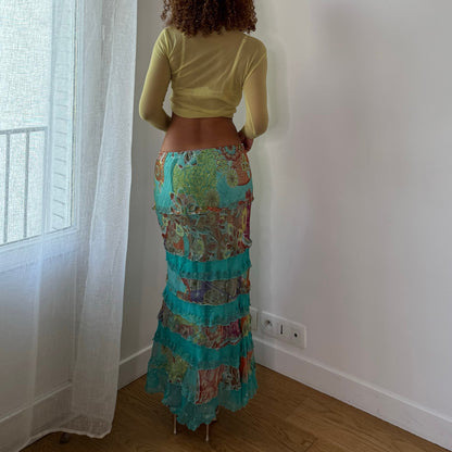 Vintage Turquoise Floral Mesh Tiered Maxi Skirt Dehry Y2K (S/M)