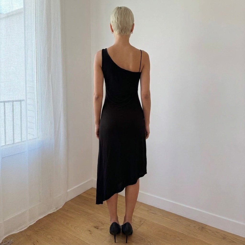 Vintage Italian Black Rhinestone Asymmetrical Midi Dress (S)