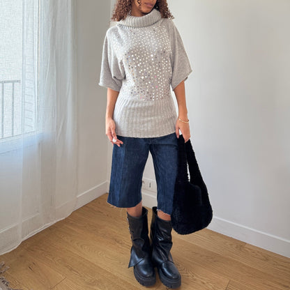 Vintage Italian Grey Sequin Embellished Knit Turtleneck Sweater Wool Angora Blend (S/M)