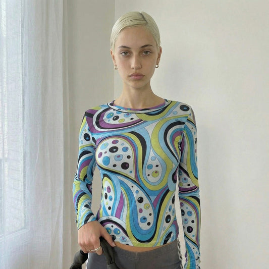 Euro Vintage Y2K Psychedelic Multicolor Silk Mesh Top Long Sleeve (S)