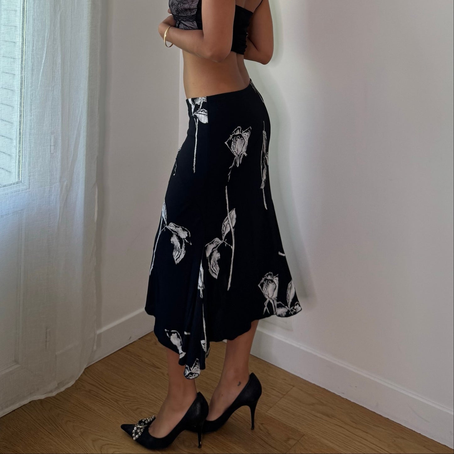 Vintage Black White Floral Mesh Midi Skirt Double Layer Italian Y2K (S)